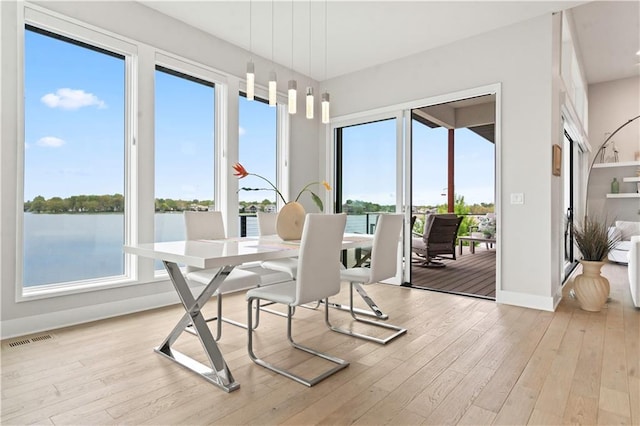 dining space with light wood finished floors, baseboards, plenty of natural light, and a water view