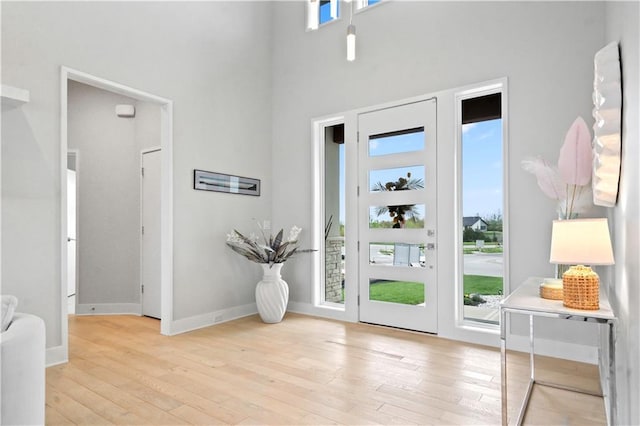 entryway featuring plenty of natural light, hardwood / wood-style floors, baseboards, and a towering ceiling