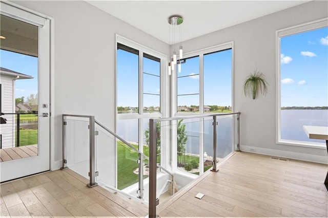 entryway featuring a water view, wood finished floors, and plenty of natural light