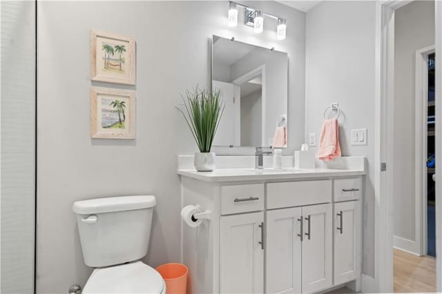 bathroom featuring toilet, vanity, and wood finished floors