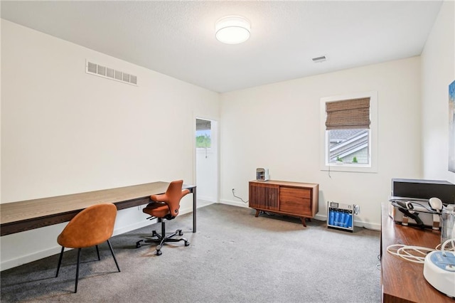 carpeted office space with baseboards and visible vents