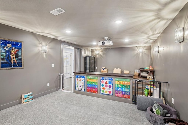 game room featuring carpet, visible vents, recessed lighting, and baseboards