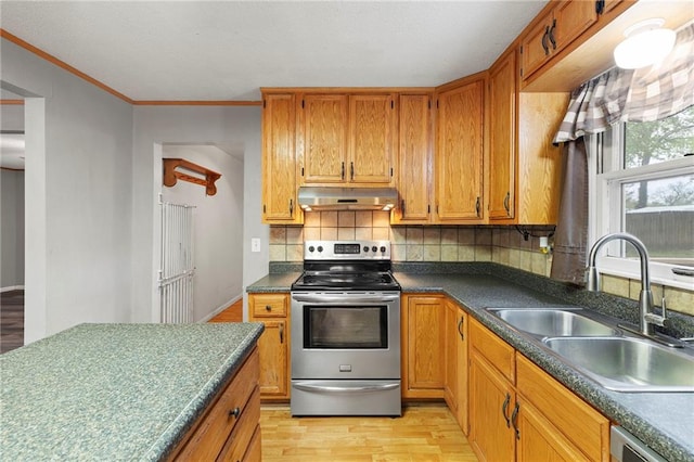 kitchen featuring under cabinet range hood, appliances with stainless steel finishes, dark countertops, a sink, and light wood-type flooring