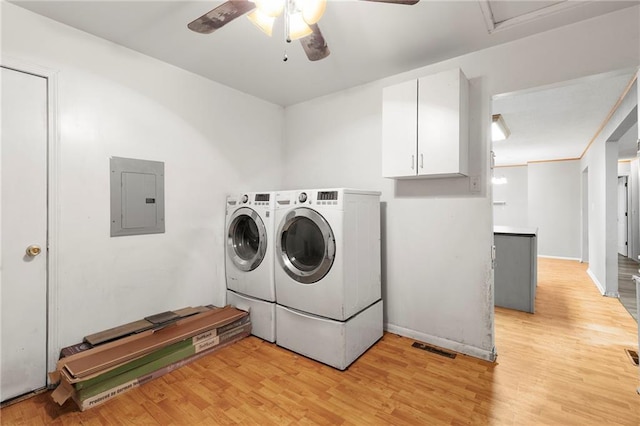 clothes washing area featuring light wood finished floors, independent washer and dryer, electric panel, ceiling fan, and visible vents