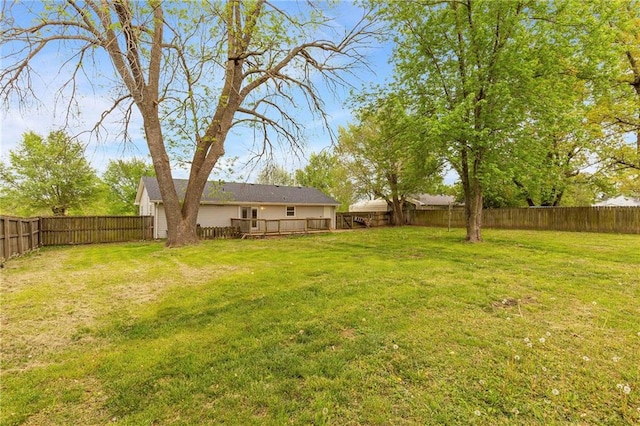 view of yard featuring a wooden deck and a fenced backyard