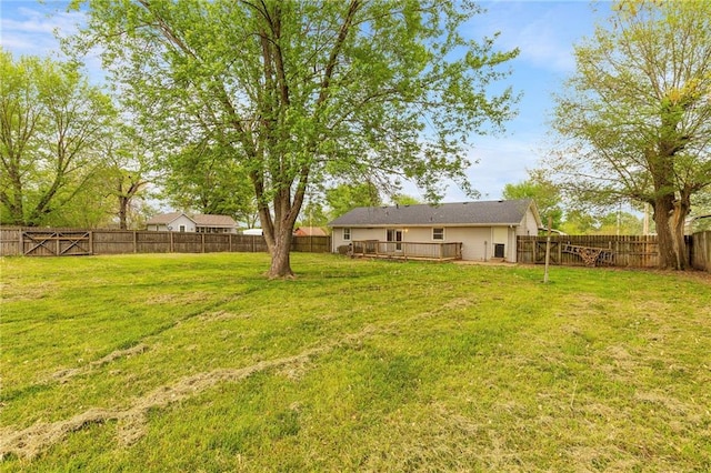 view of yard featuring a wooden deck and a fenced backyard