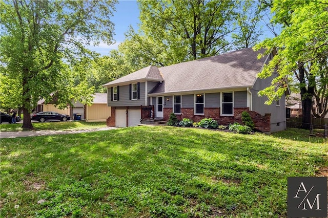 1708 NW Ashton Dr, Blue Springs, MO 64015 - split level home with a garage, a front lawn, fence, brick siding, and a shingled roof