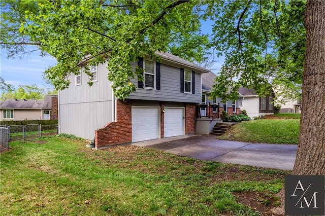 1708 NW Ashton Dr, Blue Springs, MO 64015 - view of front of house featuring a front yard, a garage, brick siding, fence, and concrete driveway
