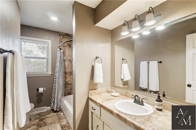 1708 NW Ashton Dr, Blue Springs, MO 64015 - bathroom with baseboards, shower / tub combo with curtain, and vanity