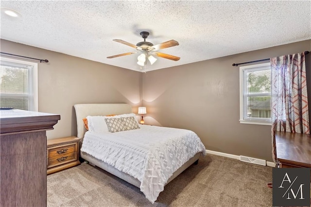 1708 NW Ashton Dr, Blue Springs, MO 64015 - bedroom featuring a ceiling fan, a textured ceiling, visible vents, baseboards, and carpet flooring