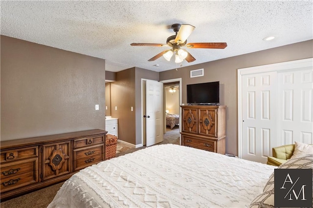 1708 NW Ashton Dr, Blue Springs, MO 64015 - bedroom featuring carpet, a ceiling fan, a textured ceiling, and visible vents