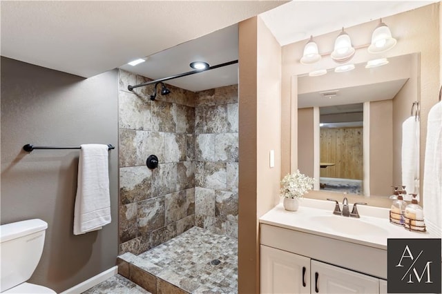 1708 NW Ashton Dr, Blue Springs, MO 64015 - full bathroom with vanity, a tile shower, toilet, and visible vents