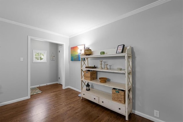 interior space featuring crown molding, baseboards, and wood finished floors