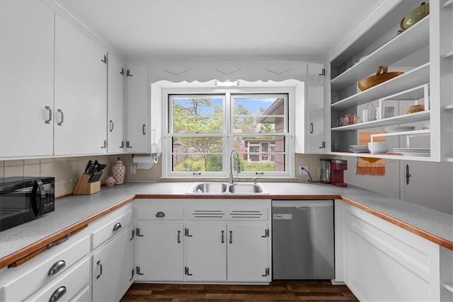 kitchen featuring white cabinets, open shelves, a sink, dishwasher, and light countertops
