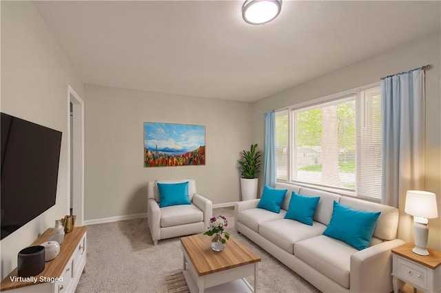 living area with baseboards and light colored carpet
