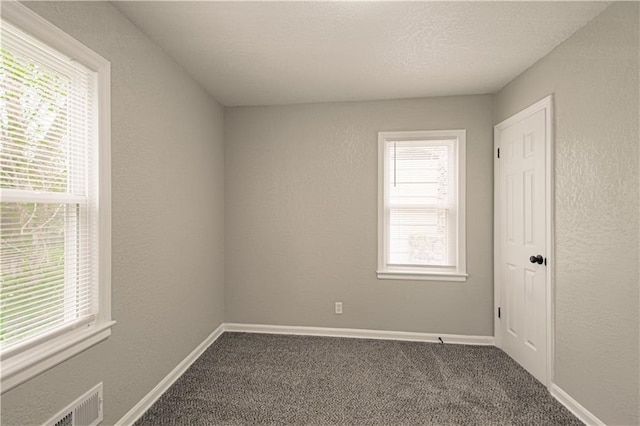 carpeted spare room with baseboards, visible vents, a textured wall, and plenty of natural light