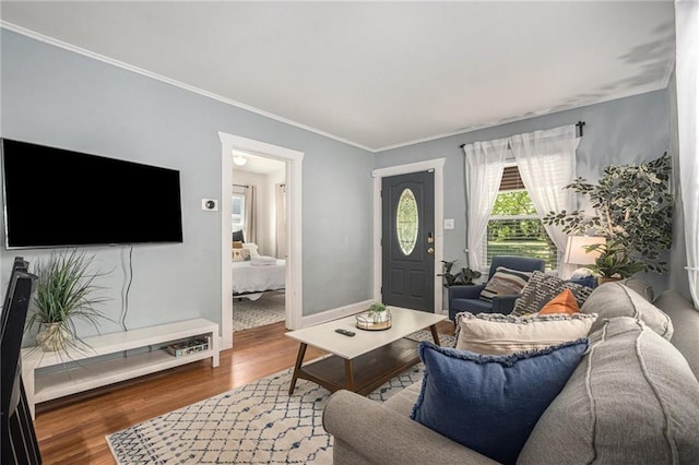 living room with wood finished floors, ornamental molding, and baseboards