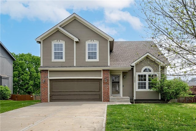 view of front facade featuring fence, concrete driveway, a front lawn, and a garage