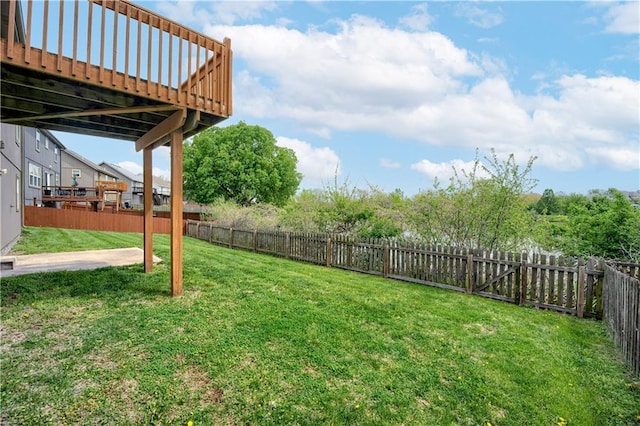view of yard with a fenced backyard and a deck