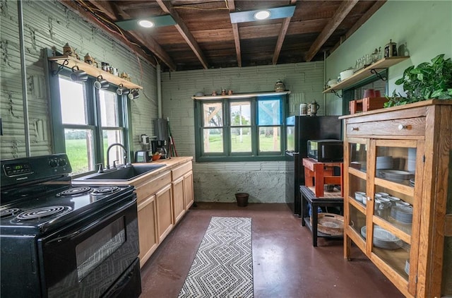 kitchen with a wood stove, a sink, concrete flooring, open shelves, and black appliances