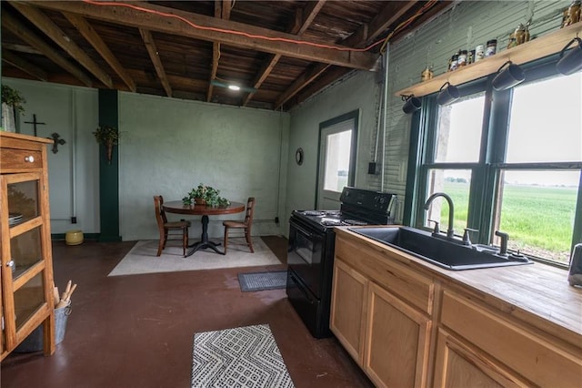 kitchen featuring finished concrete floors, black electric range oven, and a sink