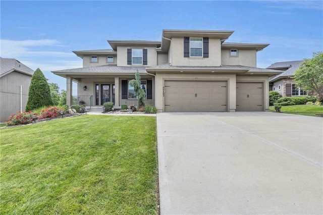 25203 W 97th Ter, Lenexa, KS 66227 - prairie-style home featuring a garage, a porch, a front lawn, stucco siding, and driveway