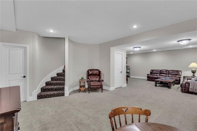 25203 W 97th Ter, Lenexa, KS 66227 - carpeted living room featuring stairway, baseboards, and recessed lighting