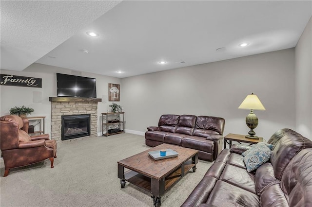 25203 W 97th Ter, Lenexa, KS 66227 - living area featuring carpet, recessed lighting, baseboards, and a fireplace