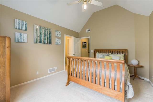carpeted bedroom featuring baseboards, ceiling fan, and high vaulted ceiling