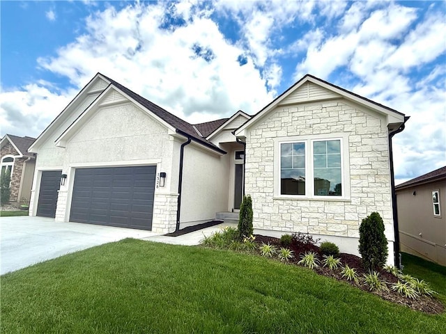 1528 NE Park Springs Dr, Lees Summit, MO 64064 - single story home featuring stone siding, an attached garage, a front yard, concrete driveway, and stucco siding