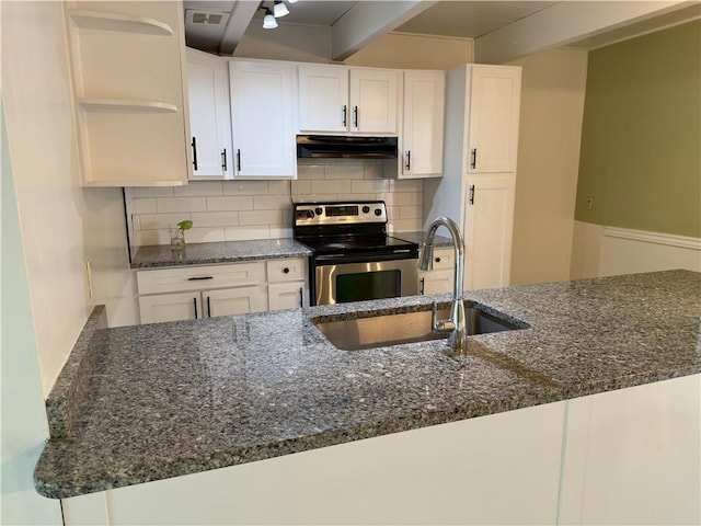kitchen with open shelves, a sink, visible vents, under cabinet range hood, and electric stove