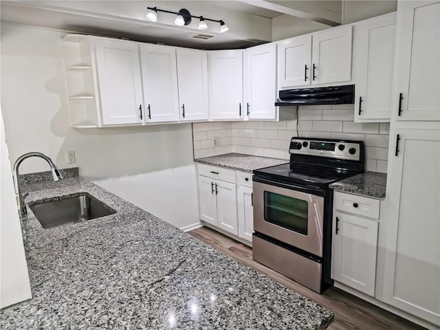 919 N 70th Ter, Kansas City, KS 66112 - kitchen with stainless steel electric range, exhaust hood, a sink, open shelves, and white cabinets