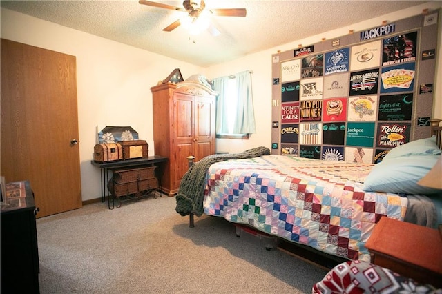 carpeted bedroom with a textured ceiling and a ceiling fan