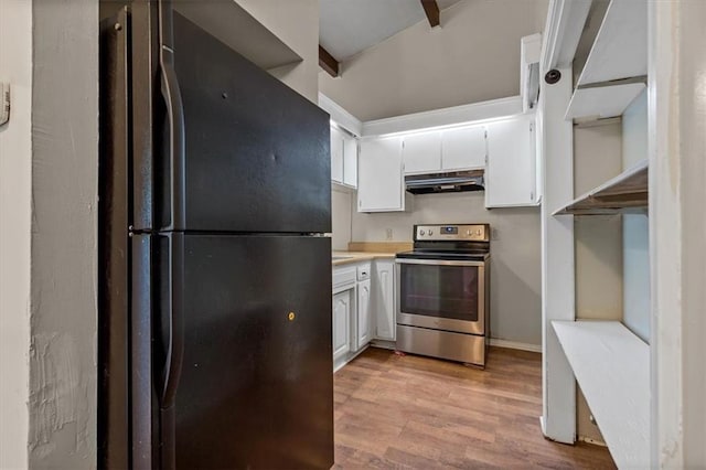 kitchen with white cabinetry, light wood-style floors, stainless steel range with electric stovetop, freestanding refrigerator, and under cabinet range hood