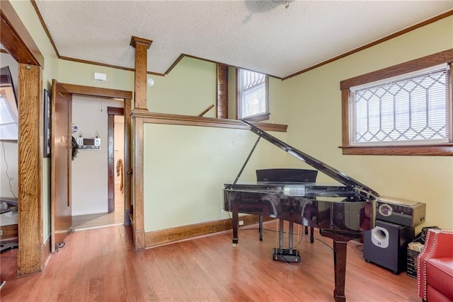 living area featuring crown molding, a textured ceiling, and wood finished floors