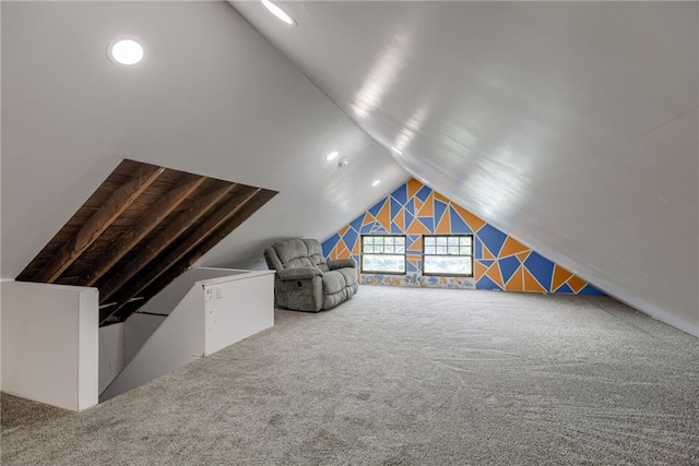 additional living space with lofted ceiling, carpet, and recessed lighting