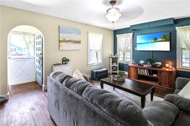 living area with baseboards, wood finished floors, and a healthy amount of sunlight
