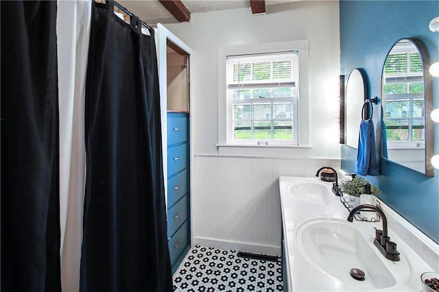 full bath featuring double vanity, a wainscoted wall, and a sink