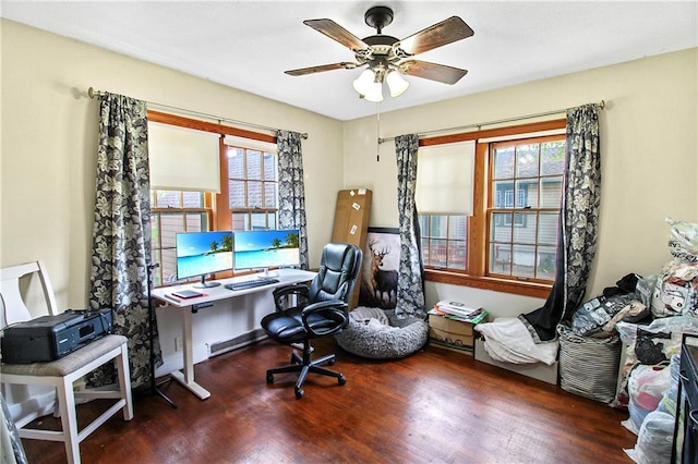office space with a ceiling fan, a wealth of natural light, and wood finished floors