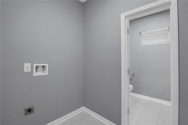 laundry room featuring washer hookup, laundry area, electric dryer hookup, baseboards, and marble finish floor