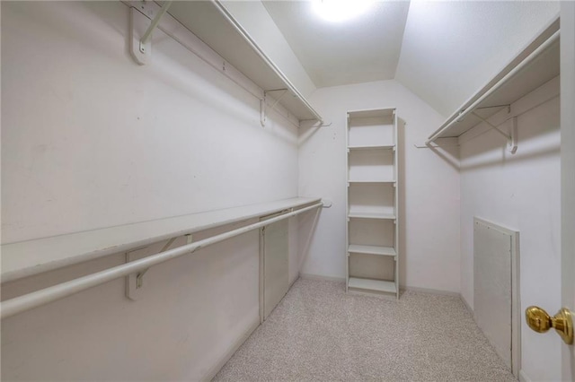 12704 Mohawk Cir, Leawood, KS 66209 - walk in closet featuring light colored carpet and vaulted ceiling