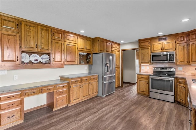 205 N 1700th Rd, Lecompton, KS 66050 - kitchen featuring stainless steel appliances, open shelves, dark wood-type flooring, recessed lighting, and backsplash