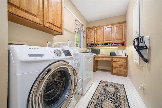 5484 NE Northgate Xing, Lees Summit, MO 64064 - laundry room featuring washer and clothes dryer, light flooring, an office area, and cabinet space