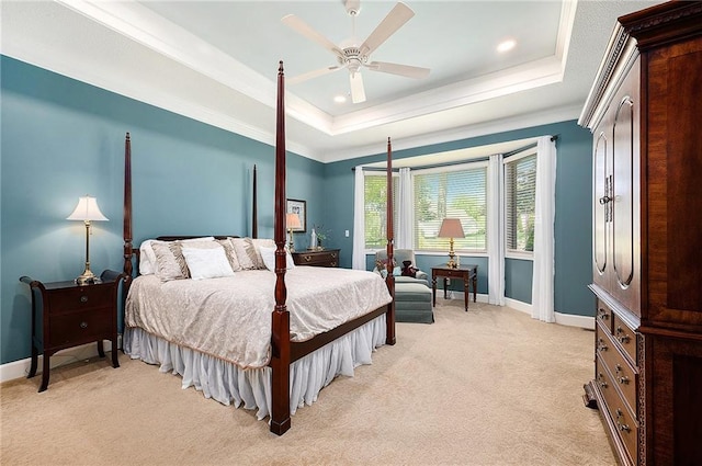 5484 NE Northgate Xing, Lees Summit, MO 64064 - bedroom with a raised ceiling, baseboards, light carpet, ornamental molding, and recessed lighting