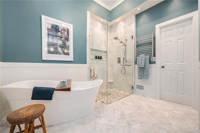 5484 NE Northgate Xing, Lees Summit, MO 64064 - full bath with a shower stall, ornamental molding, a freestanding tub, and a wainscoted wall