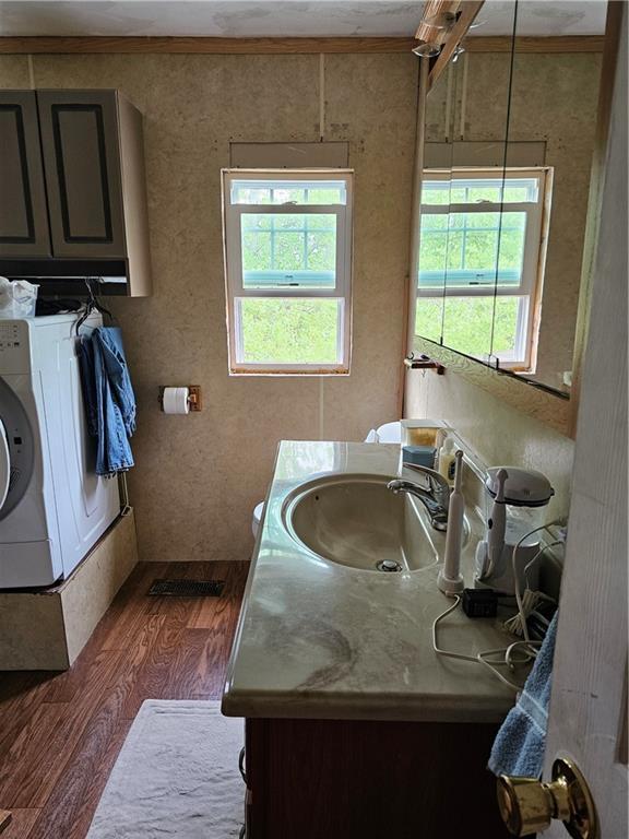30740 W 83rd St, De Soto, KS 66018 - bathroom featuring wood finished floors, a healthy amount of sunlight, washer / clothes dryer, and vanity