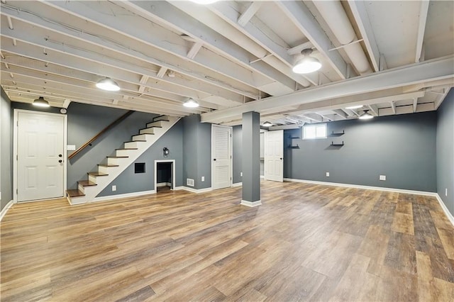 5700 N 123rd St, Kansas City, KS 66109 - below grade area featuring stairway, wood finished floors, and baseboards