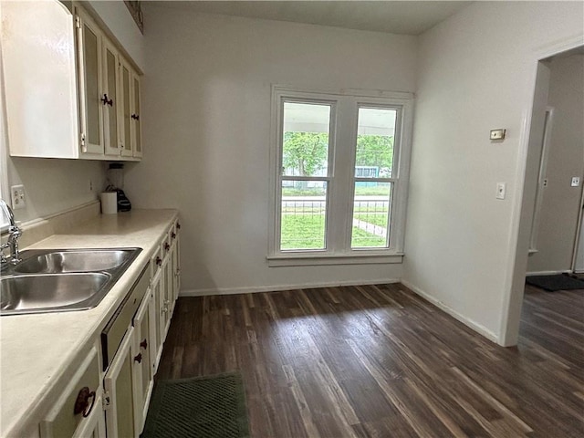 kitchen featuring light countertops, a sink, baseboards, and dark wood finished floors