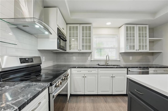 kitchen featuring stainless steel appliances, a tray ceiling, a sink, and wall chimney exhaust hood