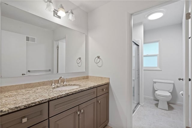 bathroom with visible vents, vanity, toilet, baseboards, and a stall shower